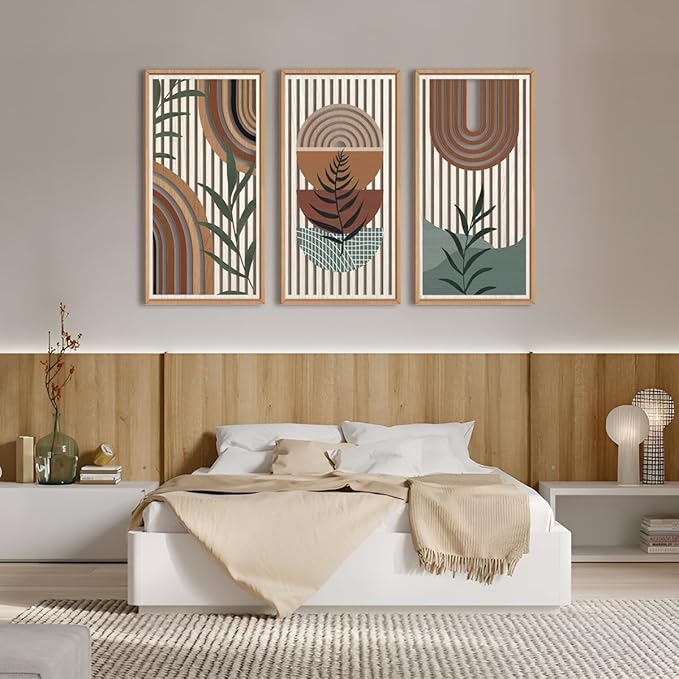 IARTTOP Framed Boho Mid-century Modern Wood Wall Art 16x32 Inch Large Bohemian Abstract Geometric Wooden Wall Decor Minimalist Brown Green Plant Decor for Bedroom Living Room Dining room Set of 3