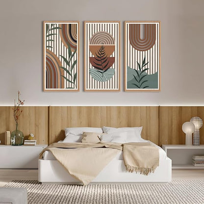 IARTTOP Framed Boho Mid-century Modern Wood Wall Art 16x32 Inch Large Bohemian Abstract Geometric Wooden Wall Decor Minimalist Brown Green Plant Decor for Bedroom Living Room Dining room Set of 3