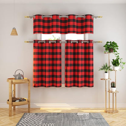 3 Pc Cotton Classic Country Farmhouse Kitchen Window Curtain Grommet Top -Red & Black Buffalo Check Tier & Valance Set, 54" x 18" / 32" x 30"