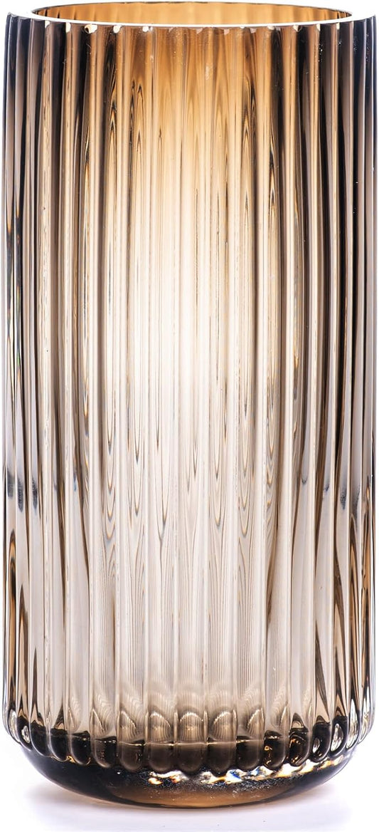 TIMEFOTO Flower Vase 10 inch Amber Thickened Hand Blow Glass Vase Round Vintage Striped Bottles for Bookshelf,Dinner Table,Indoor Office Desktop,Meeting Room,Bathroom,Home
