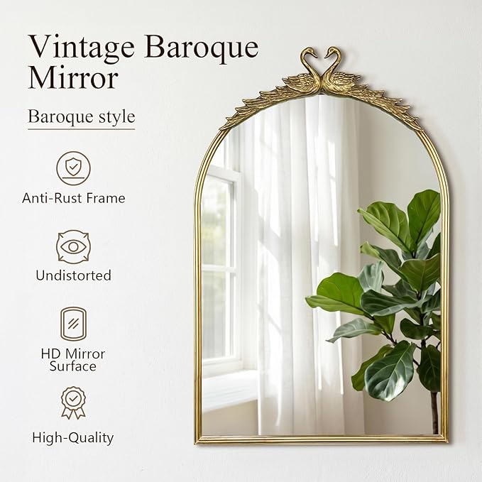 Gold Baroque Vintage Mirror for Vanity 24x35.5Inch Gold Antique with Ornate Frame, Arched Vintage Wall for Bathroom, Living Room, Fireplace, Entryway (Golden (Arched 5), 36"L x 24"W（Vertical ）)