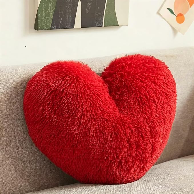 MorroMorn Fluffy Heart Throw Pillows, Shaggy Decorative Pillow for Sofa Couch Bed, Cute Room Decor Decorations for Women Girls Kids (Red)