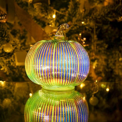 Iridescent Glass Pumpkin Light with Timer | Battery Powered Holiday, Autumn, Thanksgiving Décor