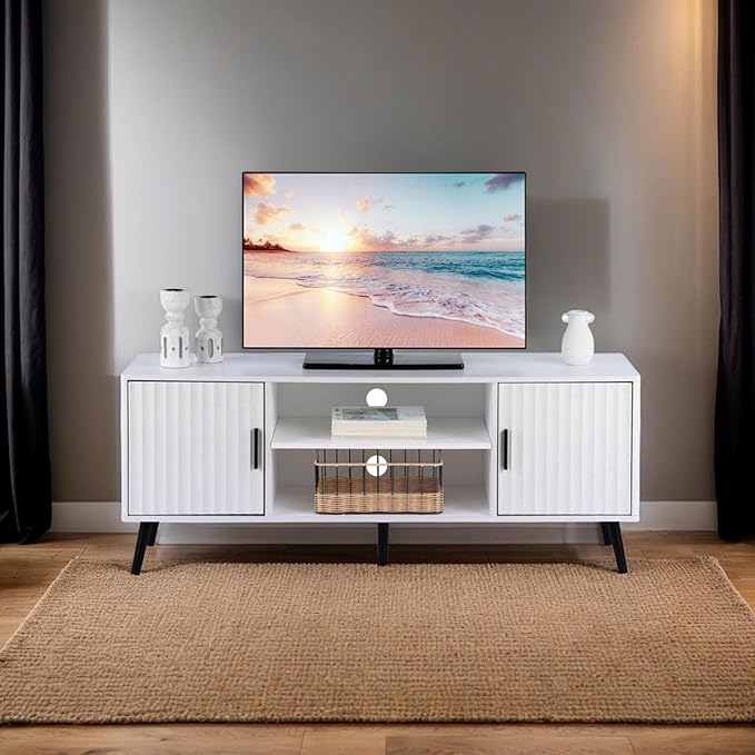Modern TV Stand for 65 Inch TV, Entertainment Center with 2 Storage Cabinets and Adjustable Shelf, Solid Wood Feet, 4 Cord Holes, Strip Wave Media TV Console Table for Living Room Bedroom (White)