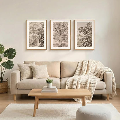 Large Vintage Tree Sketch Framed Canvas Wall Art,Brown and Beige Botanical Wall Decor,Natural Forest Artwork,Textured Landscape Art Print for Living Room,Bedroom,Office- 16"x24"x3
