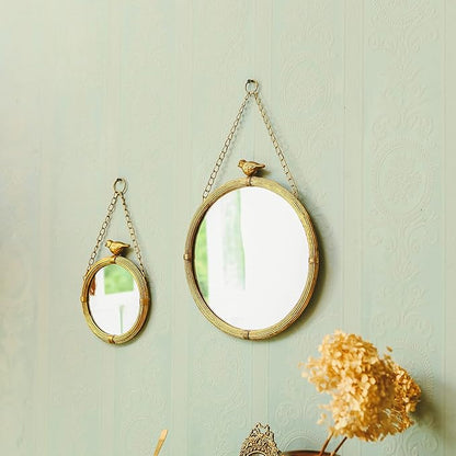 NIKKY HOME 6.7 Inch Decorative Small Hanging Mirrors Vintage Round Metal Framed Wall Mounted Mirror Decor with Bird for Bathroom Living Room Office, Rustic Gold