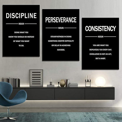 3 Pieces Motivational Canvas Wall Art Perseverance Discipline Consistency Inspirational Quotes Poster Print Positive Wall Decor Artwork for Living Room Workplace Stretched and Framed [60''W x 28''H]