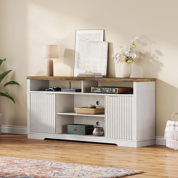 Modern TV Stand for TVs Up to 65 Inch, Fluted Entertainment Center with Storage Cabinet, TV Media Console Table with Adjustable Shelves for Living Room Bedroom, Brown + White