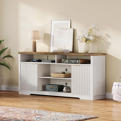 Modern TV Stand for TVs Up to 65 Inch, Fluted Entertainment Center with Storage Cabinet, TV Media Console Table with Adjustable Shelves for Living Room Bedroom, Brown + White