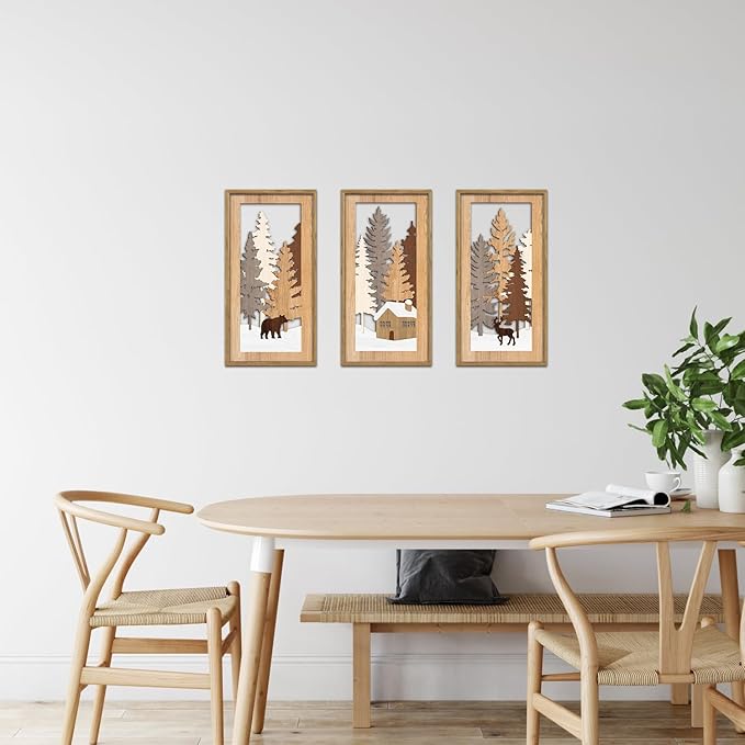 KAIRNE Winter Wooden Wall Art Set, 3pcs 8X16 Vintage Wood Wall Decor,Rustic Farmhouse Framed Wall Sculptures,Pine Deer Bear Wooden Hanging Decor for Living Room Bedroom Kitchen Office Decoration