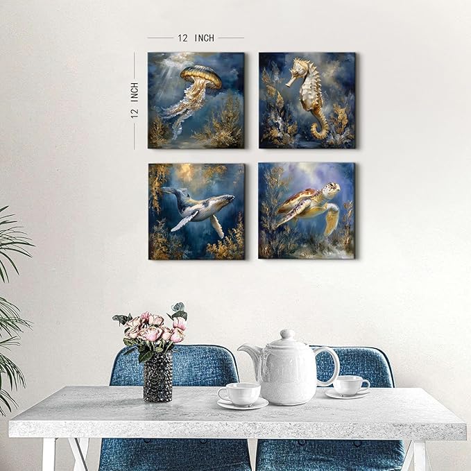 Ocean Animals Wall Art Sea Turtle Whale Seahorse Jellyfish Pictures Beach Coastal Room Decor Nautical Paintings Canvas Prints for Bathroom Under Sea World Posters Artwork Decoration 12x12” 4Pcs