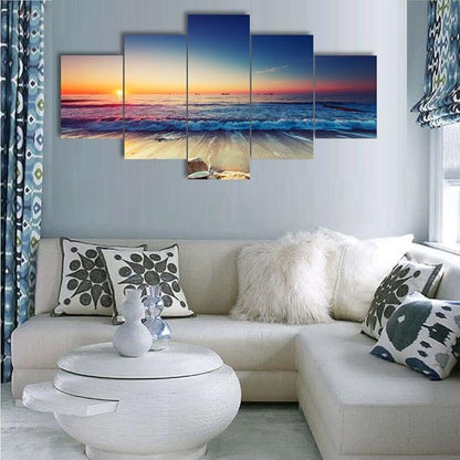 5 Piece Painting on Canvas Wall Art for Living Room Prints and Posters Sunset Beach Sea Waves Landscape Artwork Pictures for Home Decorations Wall Decor Set Framed Ready to Hang (60’’W x 32’’H)