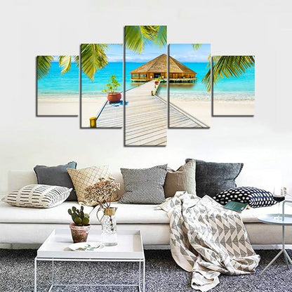 Landscape Beach Palm Tree House Scene of Sea Picture Modern Painting on Canvas 5 Panels Framed Wall Art for Living Room Bedroom Home Decor Gallery Wrap Giclee Print (60’’W x 40’’H)