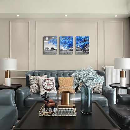 Wall Art For Living Room black and white Blue tree moon Canvas Wall Decor for Home artwork huge Painting 16" x 24" 3 Pieces Canvas Print For bedroom Decor Modern Salon kitchen office Hang a picture
