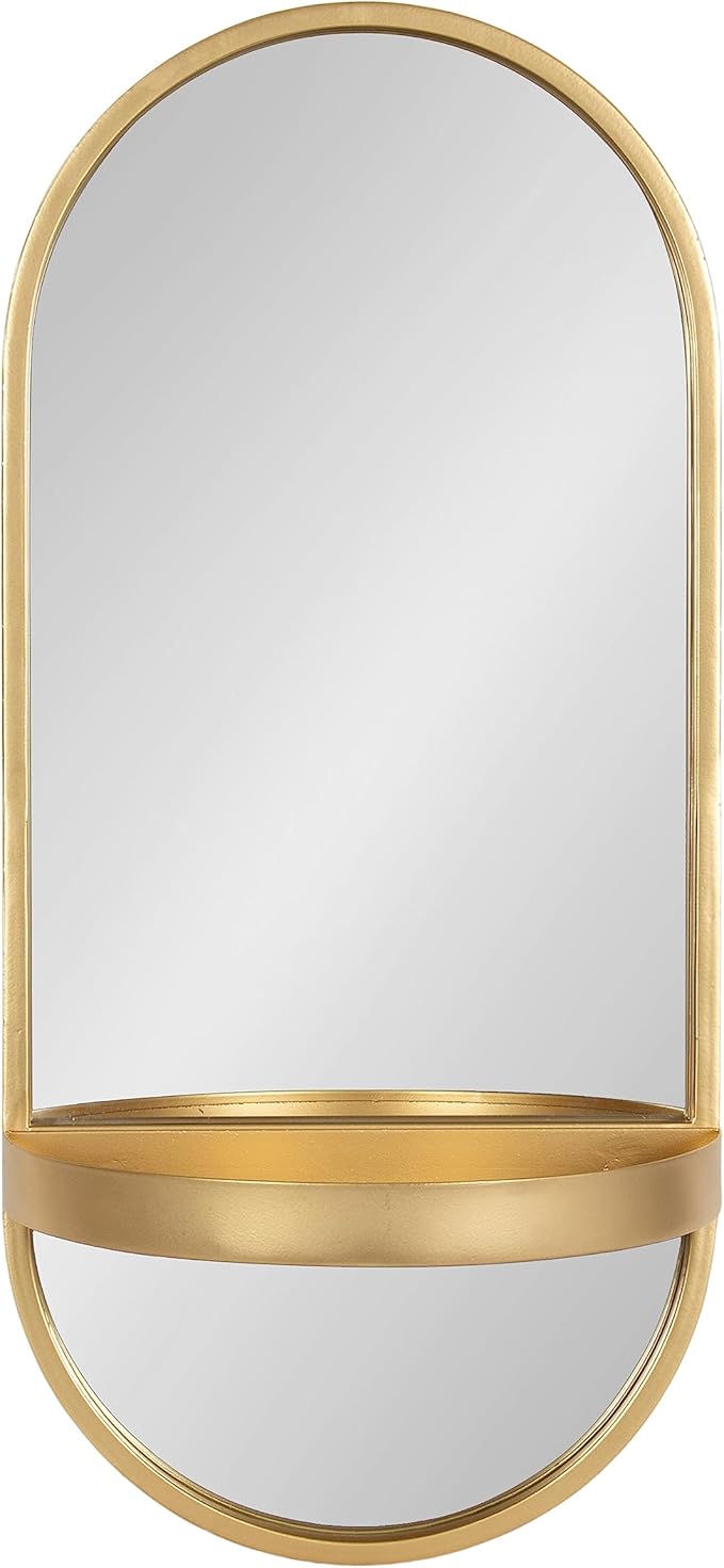 Kate and Laurel Estero Modern Metal Oval Mirror with Rounded Shelf; 11 x 25; Gold; Decorative Modern Glam Capsule Shelf Mirror for Storage and Display