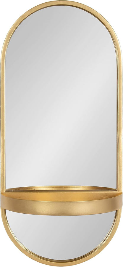 Kate and Laurel Estero Modern Metal Oval Mirror with Rounded Shelf; 11 x 25; Gold; Decorative Modern Glam Capsule Shelf Mirror for Storage and Display