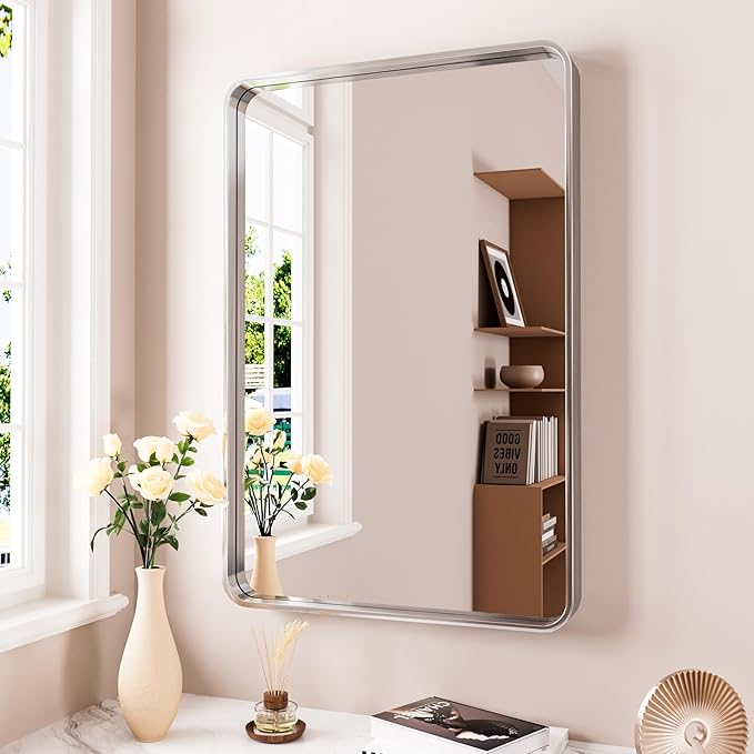 JISOSO Brushed Nickel Bathroom Mirror 24x32 Inch, Brushed Silver Metal Frame Mirror Wall Mounted, Rounded Rectangle Bathroom Vanity Mirror, Tempered Glass, Anti-Rust, Horizontal/Vertical