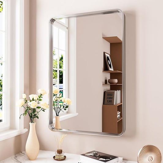 JISOSO Brushed Nickel Bathroom Mirror 24x32 Inch, Brushed Silver Metal Frame Mirror Wall Mounted, Rounded Rectangle Bathroom Vanity Mirror, Tempered Glass, Anti-Rust, Horizontal/Vertical