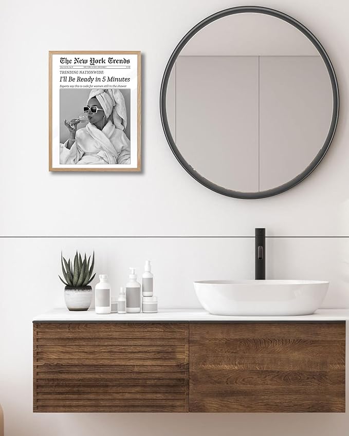 EcoHest Small 8x10 in Beige OAK Wood Framed Wall Art, I'll Be Ready in 5 Minutes Newspaper Print, Feminist Makeup Canvas Wall Art Home Decor, Retro Bathroom Decor, Set of 1 For Bedroom Living Room