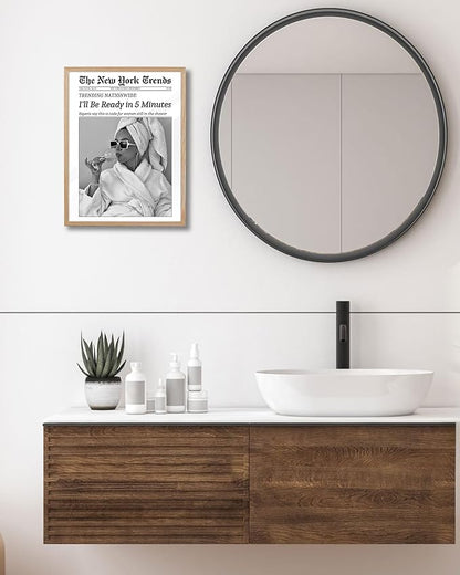 EcoHest Small 8x10 in Beige OAK Wood Framed Wall Art, I'll Be Ready in 5 Minutes Newspaper Print, Feminist Makeup Canvas Wall Art Home Decor, Retro Bathroom Decor, Set of 1 For Bedroom Living Room