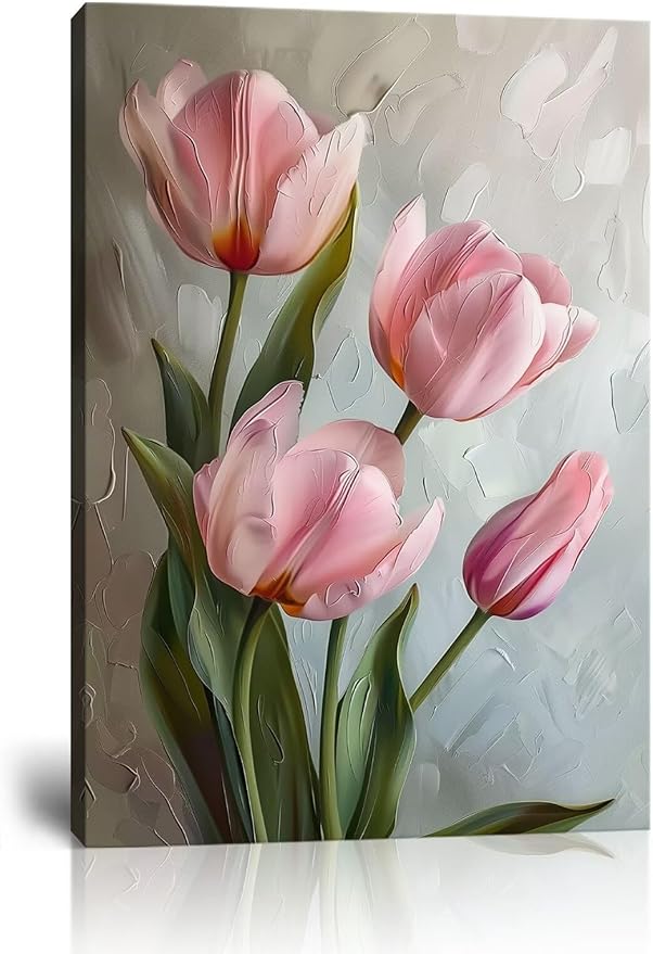 Tulips Wall Art Flowers Pictures Pink Bathroom Decor Modern Spring Floral Paintings Canvas Prints Artwork for Living Room Bedroom Home Decoration Framed
