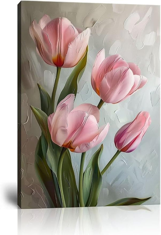 Pink Bathroom Decor Tulips Wall Art Flowers Pictures Modern Floral Paintings Canvas Prints Artwork for Living Room Bedroom Home Decoration Framed