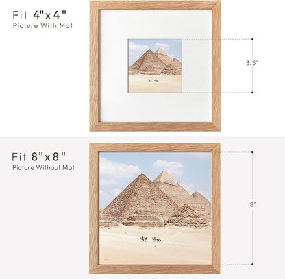 8x8 Picture Frames, Solid Oak Wood 8x8 photo Frame with Mat to 4x4(Openning Size is 3.5x3.5), Natural Oak 8x8 Picture Frames for Wall and Tabletop Display, Set of 3