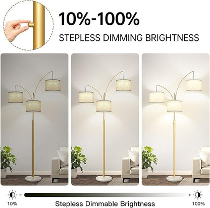 Dimmable 3 Lights Arc Floor Lamp, Modern Tall Standing Tree Lamp with Gold Pole, White Linen Shades & Solid Marble Base, 3000LM Warm White LED Bulbs, Elegant Lighting for Living Room, Bedroom & Office