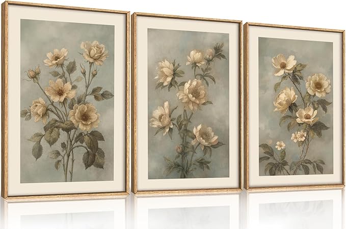 KAIRNE Vintage Botanical Flower Framed Canvas Wall Art Set,Boho Green Beige Floral Wall Decor,Rustic Wildflower Art Prints,Modern Minimalist Artwork for Living Room,Bedroom,Farmhouse,Office-16 x24 x3