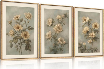 KAIRNE Vintage Botanical Flower Framed Canvas Wall Art Set,Boho Green Beige Floral Wall Decor,Rustic Wildflower Art Prints,Modern Minimalist Artwork for Living Room,Bedroom,Farmhouse,Office-16 x24 x3