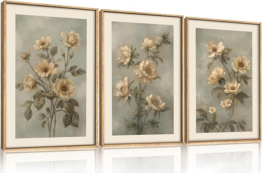 KAIRNE Vintage Botanical Flower Framed Canvas Wall Art Set,Boho Green Beige Floral Wall Decor,Rustic Wildflower Art Prints,Modern Minimalist Artwork for Living Room,Bedroom,Farmhouse,Office-24 x36 x3