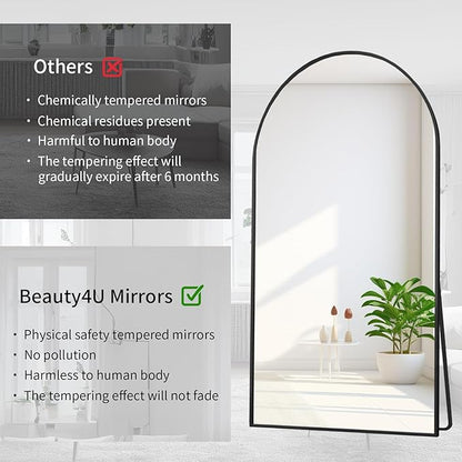 Beauty4U Arched Full Length Mirror 76" x 34", Black Large Full Body Mirror with Stand, Floor Standing & Wall Mounted HD Tempered Glass Dressing Mirror for Bedroom, Living Room, Entryway