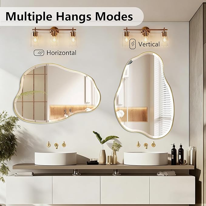 POZINO Irregular Beveled Mirror, 42"x28" Asymmetrical Bathroom Vanity Mirror with Gold Metal Frame, Cloud Shaped Wall Mirrors for Living Room Bedroom Hallway Entryway, Horizontal/Vertical Hanging