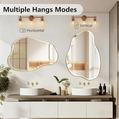 POZINO Irregular Beveled Mirror, 42"x28" Asymmetrical Bathroom Vanity Mirror with Gold Metal Frame, Cloud Shaped Wall Mirrors for Living Room Bedroom Hallway Entryway, Horizontal/Vertical Hanging