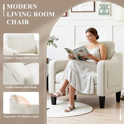 MALOL PU Leather Accent Chair, Mid-Century Modern Living Room Armchair Sofa with Removable Cushions, Solid Wood Frame & Stitched Armrest Design, Bedroom Chair with Plastic Legs, Beige