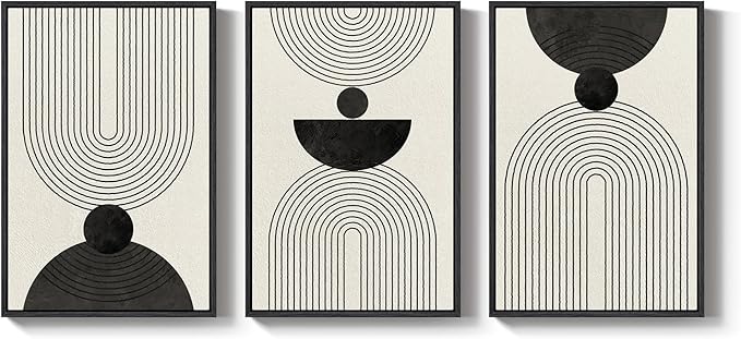 Large Framed Boho Abstract Wall Art for Living Room, 3 Piece Black and White Modern Minimalist Canvas Artwork for Walls, Bauhaus Geometric Prints Wall Decor for Bedroom Home Office Hallway, 24x36 Inch