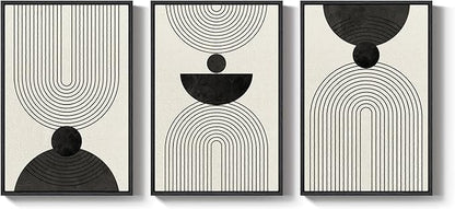Large Framed Boho Abstract Wall Art for Living Room, 3 Piece Black and White Modern Minimalist Canvas Artwork for Walls, Bauhaus Geometric Prints Wall Decor for Bedroom Home Office Hallway, 24x36 Inch