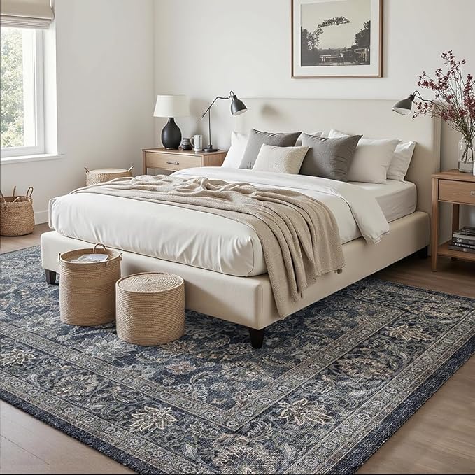 5x7 Area Rugs Grey and Blue Washable Rug for Living Room, Dining Room, Bedroom, Large Carpets, Non Slip & Non-Shedding Low Pile Vintage Print Rug for Home Office Decor