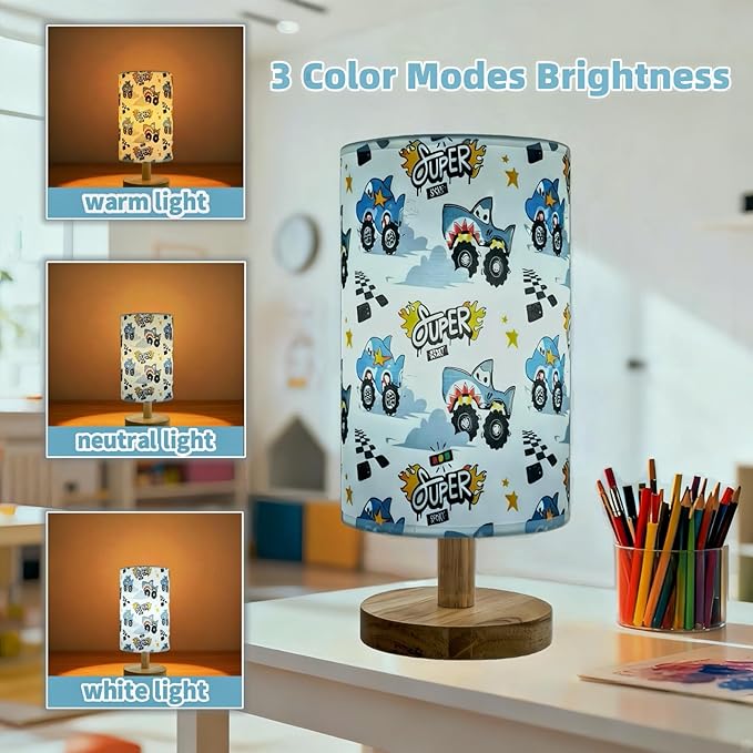 Shark Night Light Lamp for Boys Bedroom - 3-Way Dimmable Nursery Lamp with Wood Base & Linen Shade, Boho Kids Room Decor, Safe Baby Gift for Boys, Toddlers,Nursery, Teens