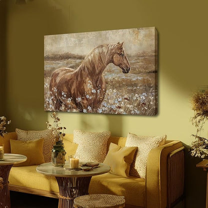 ZENPEE Horse Canvas Wall Art for Farmhouse Decor, Neutral Brown/Beige Equestrian Picture with Wildflower Meadow, Animal Artwork for Living Room Bedroom Office, Ready to Hang, 24 x 36 Inches