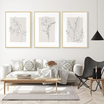 Neutral Botanical Prints Wall Art Flower Minimalist Canvas Wall Decor Vintage Line Wall Art Floral Plant Painting Pictures Beige Boho Artwork Farmhouse Poster for Bedroom 12x16 Inch Framed Set of 3