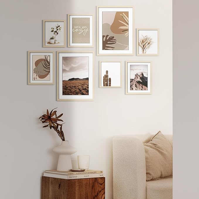 ArtbyHannah Gallery Wall Frame Set for Stairway, Neutral Wood Picture Frames Collage Wall Decor for Living Room, Entry, 8 Pack Assorted Size-11"x14", 8"x10", 6"x8"