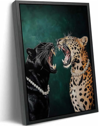 Framed Cheetah Canvas Wall Art Emerald Green Vintage Leopard Painting Picture Wall Decor Wild Animals Poster Print Artwork for Bedroom Living Room Apartment Home Decoration