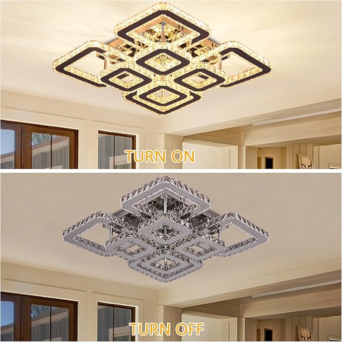 FRIXCHUR 20" Modern Ceiling Light Fixture 3000k Led Flush Mount Ceiling Light Square Crystal Chandelier for Dining Room Living Room Bedroom Hallway