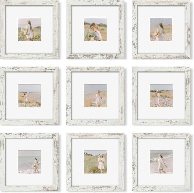 YESKAY 8x8 Picture Frame Set of 9, Photo Gallery Wall Frame Set, Display Pictures 4x4 with Mat or 8 x 8 Without Mat, Square Frame Picture Frames Collage Wall decor, Distressed White