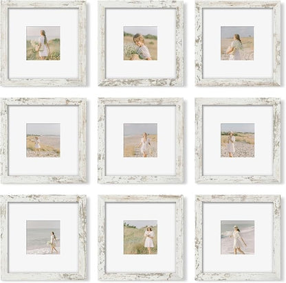 YESKAY 8x8 Picture Frame Set of 9, Photo Gallery Wall Frame Set, Display Pictures 4x4 with Mat or 8 x 8 Without Mat, Square Frame Picture Frames Collage Wall decor, Distressed White