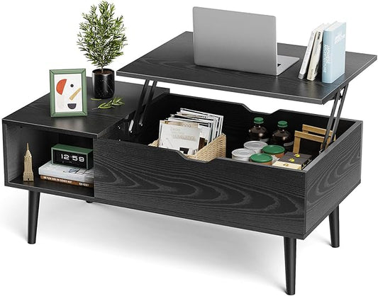 OLIXIS Wood Lift Top Coffee Table with Hidden Compartment and Large Storage Shelf, Lift Tabletop Dining Center Table for Home Living Room Office, Black