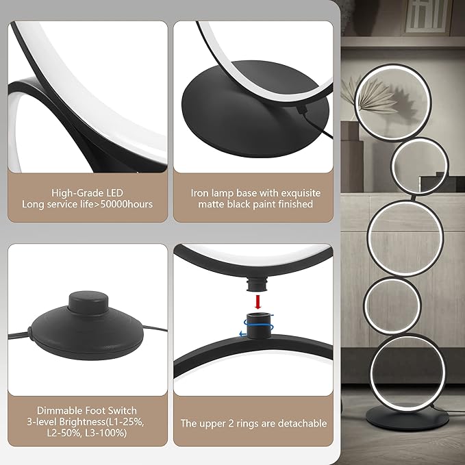 COSYLUX LED Modern Floor Lamp for Bedroom, 3 Way Bright Dimmable Corner Floor lamp with 5-Ring 2-in-1 Standing Tall End Table Lamp for Living Room & Office Reading Light, 3260LM, 6000K, Black.