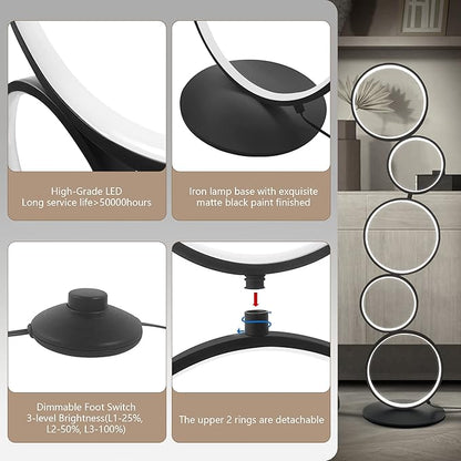 COSYLUX LED Modern Floor Lamp for Bedroom, 3 Way Bright Dimmable Corner Floor lamp with 5-Ring 2-in-1 Standing Tall End Table Lamp for Living Room & Office Reading Light, 3260LM, 6000K, Black.