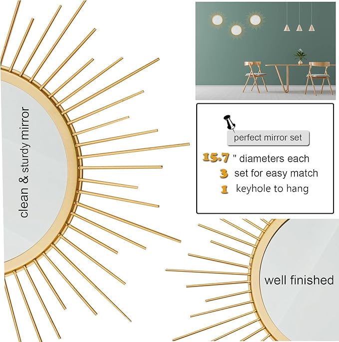 3 Set Sunburst Mirrors for Wall Decor Living Room Bedroom Bathroom Dining Room Metal Boho Sunburst Wall Mirror Set Gold Metal Vintage Circle Art Pack - Gold 15.7 in